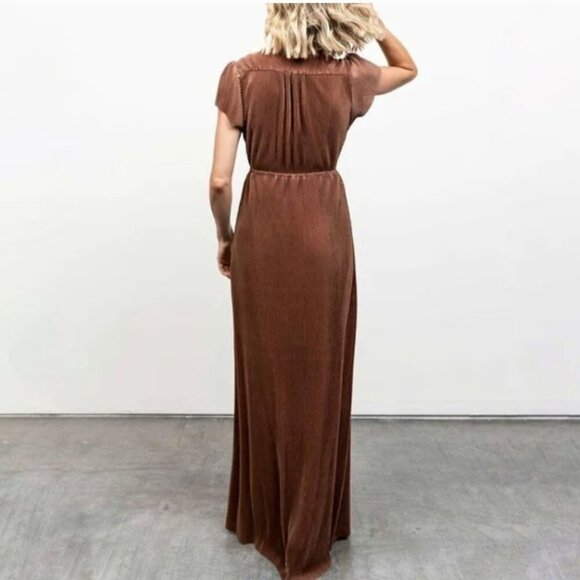 Baltic Born | NWT Athena Pleated Satin Maxi Dress Crossover Neck Bronze Size M - Picture 8 of 9